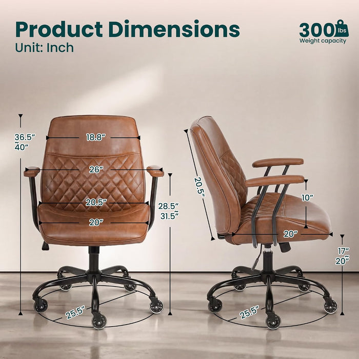 Leather Office Desk Chair with Rubber Casters for Home (Brown)