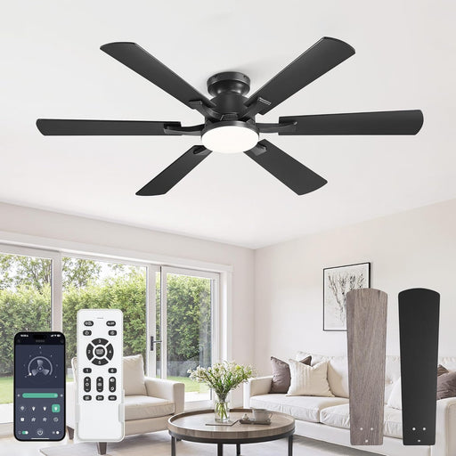 52 Inch Ceiling Fan with Lights, APP & Remote Control, Flush Mount Low Profile Black Ceiling Fan, 3000-6000K Dimmable LED, Quiet Reversible Motor, 6 Blades, 6 Speeds, for Bedroom Living Room