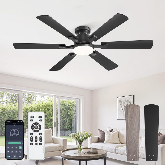 52 Inch Ceiling Fan with Lights, APP & Remote Control, Flush Mount Low Profile Black Ceiling Fan, 3000-6000K Dimmable LED, Quiet Reversible Motor, 6 Blades, 6 Speeds, for Bedroom Living Room