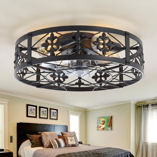 Caged Ceiling Fan with Light, 20" Ceiling Fan with Lights and Remote Flush Mount, Bladeless Caged Ceiling Fans with Lights, Matte Black Rustic Fan for Bedroom, Kitchen, Dining Room
