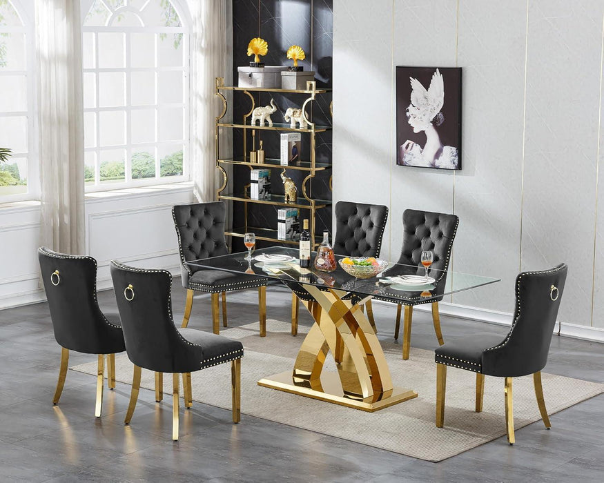 70" Gold Tempered Glass Dining Table, Modern Glass Kitchen Table Dining with Tempered Glass Tabletop and Unique Stainless Steel Pedestal, Modern Kitchen Dining Room Table for 8