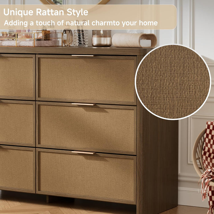 Rattan 6 Drawer Dresser for Bedroom, 47.2" Wide Curved Dressers & Chests of Drawers with 6 Deep Drawers, Large Boho Wooden Dresser W/Gold Metal Handles for Bedroom Living Room, Walnut