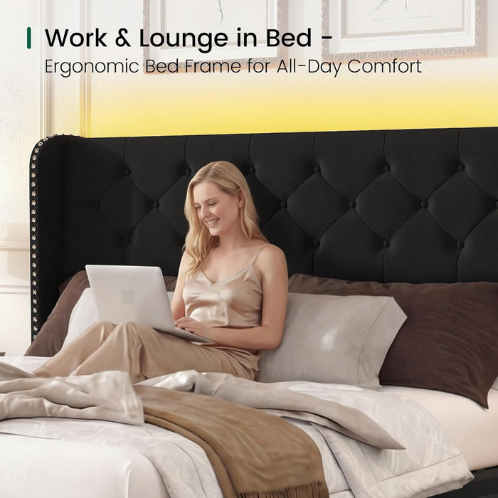 Queen Size Bed Frame with LED Lights and 4 Storage Drawers Velvet Upholstered Platform Bed Frame with Tufted Headboard Wingback, No Box Spring Needed, Easy to Assemble, Black