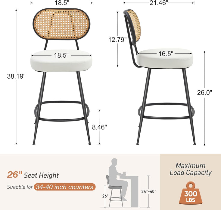Bar Stools Set of 3, 26" Counter Height Barstools with Rattan Back and Metal Legs, Upholstered Faux Leather Bar Chairs for Kitchen Island, Home Bar, Beige