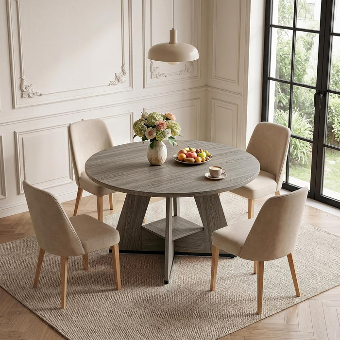 47.24"-63" Extendable round Dining Table for 4-6, Expandable round to Oval Kitchen Dining Table with Hidden Extension Leaf, Storage Shelf, Modern Wood Dining Room Table for Home & Apartment