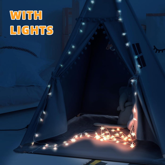 Teepee Tent for Kids with Mat, Star Lights, Carry Case, Cotton Canvas Playhouse, Foldable Tents, Portable Children Play Tent Indoor Outdoor(Grey)