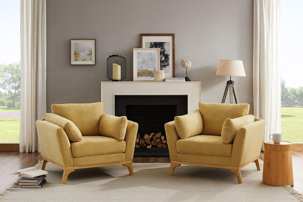 Large-Sized Accent Chair, Thick Cushion Bedroom Reading Chair, Comfortable Living Room Single Sofa, Linen Yellow