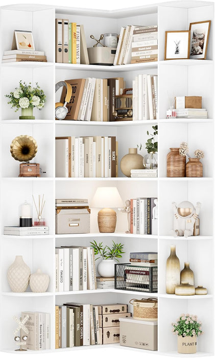 72" Tall Corner Bookshelf, 6-Tier Bookshelf and Bookcase, White | Space-Saving Book Shelf with Open Storage, L Shaped Corner Bookcase for Home Office, Thickened Boards for Heavy Duty