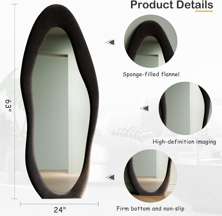 Full Length Mirror, 63" X 24" Wall Mirror, Flannel Wrapped Wooden Frame Floor Mirror, Irregular Wavy Mirror Hanging or Leaning against Wall for Cloakroom/Bedroom/Living Room, Black