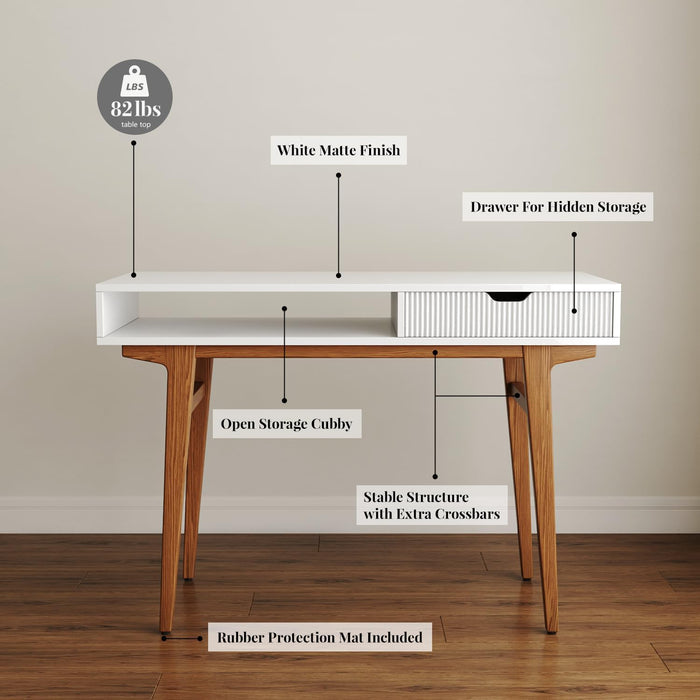 White Computer Desk with Drawers - 45 Inch Minimalist Small Solid Wood Mid-Century Modern Office Desk for Home - Boho Style Writing Table with Open Storage,Light Wooden Desk Workspace
