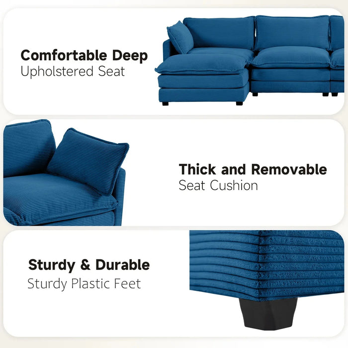 U-Shaped Sectional Sofa Set, Indoor Furniture Convertible Modular Corduroy Sectional Sofa Set with 2 Ottomans for Living Room, Navy