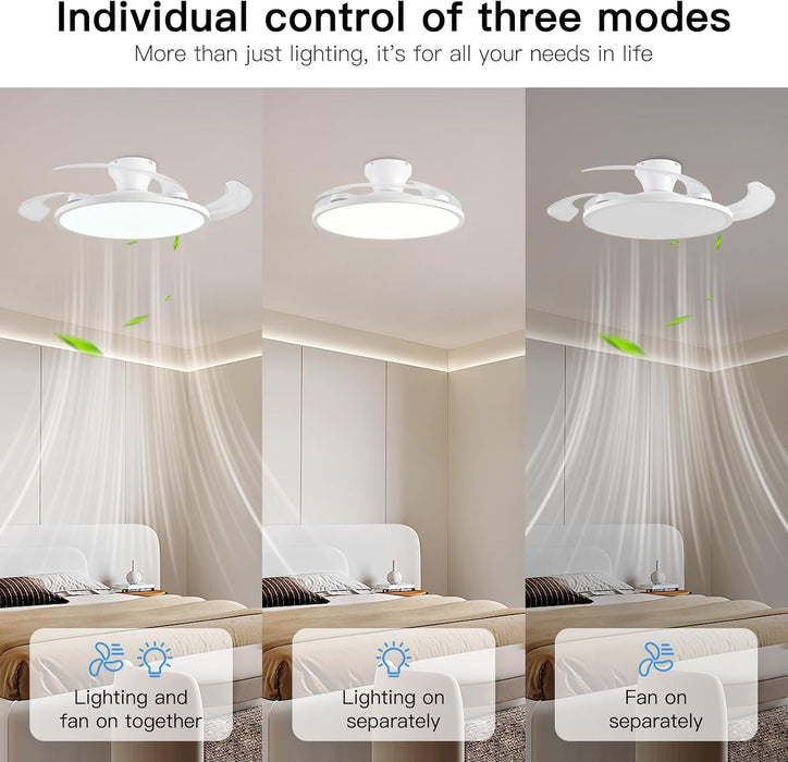 Retractable Ceiling Fan with Lights,42 Inch Low Profile Ceiling Fan with Remote Control,Retractable Blades,Dimmable Full Spectrum,Modern Fandelier for Bedroom Living Room Dinning Room,White