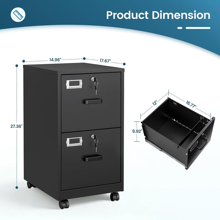 2 Drawer File Cabinet with Lock, Vertical Metal Filing Cabinets for Home Office, Lockable Storage File Cabinets under Desk, A4/Letter File Folders(Black)-Assembly Required