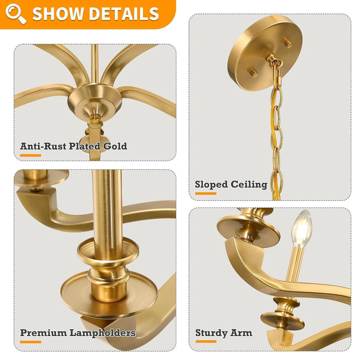Gold Chandeliers for Dining Room, 25.5 Inch Vintage Gold Chandelier Light Fixture over Table, Farmhouse Candle Chandeliers, 5-Light Brass Chandeliers for Kitchen, Bedroom, Living Room (E12 Base)