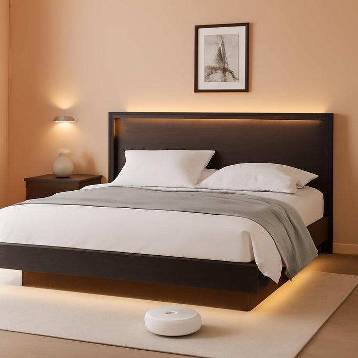 King Size Bed Frame with LED Lights & Charging Station – Wood Floating Bed Frame with Storage Headboard, Adhesive Slats, Kick-Free & Noise-Free Design, Easy Assembly, Black