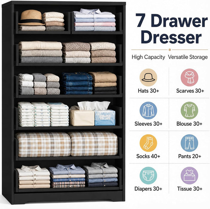 47.3" Tall Dresser with Charging Station Wooden 7 Drawer Dressers for Bedroom Chest of Drawers with Sliding Rails for Home Office Entryway Black