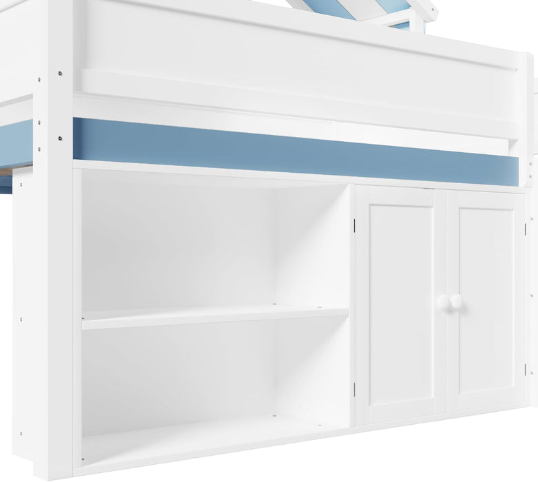 WhiteBlue Full Size Loft Bed WithIntegratedStorage