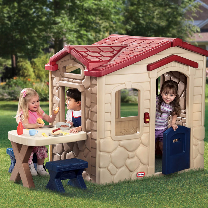 Picnic on the Patio Playhouse with 20 Play Accessories, Working Doorbell, Indoor and Outdoor Backyard Toy, Tan- for Kids Toddlers Boys Girls Ages 2 3 4+ Year Old