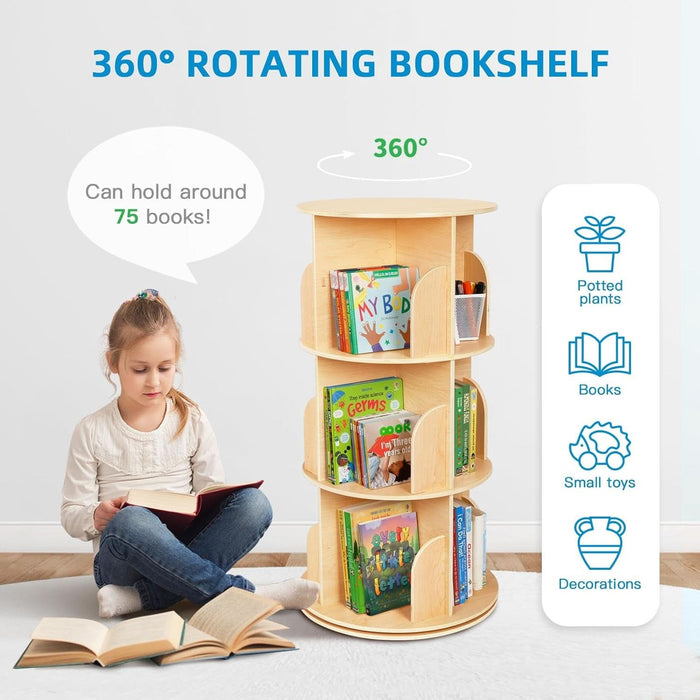Kids Rotating Bookshelf, Small Corner Bookshelf for Small Space, 360° Display 3 Tier Floor Standing Bookcase Storage Rack, Wooden Narrow Bookcase Organizer for Bedroom, Living Room