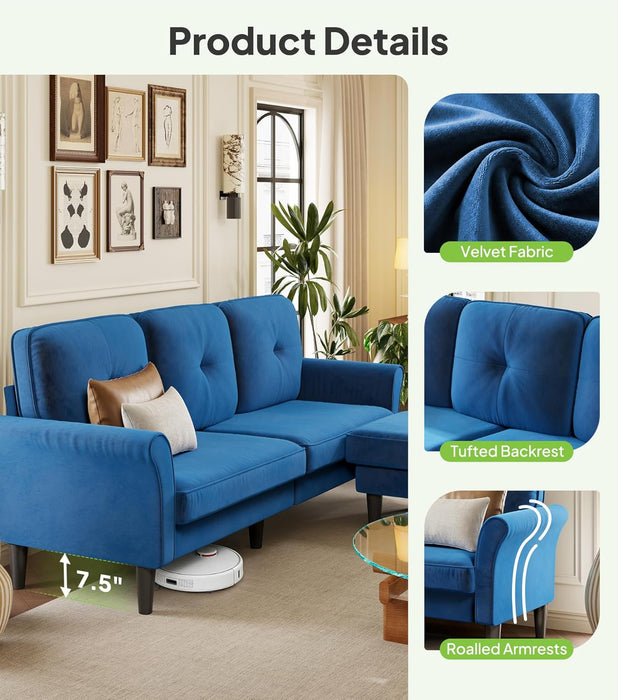 Velvet 83 Inch Sectional Sofa With Movable Ottoman