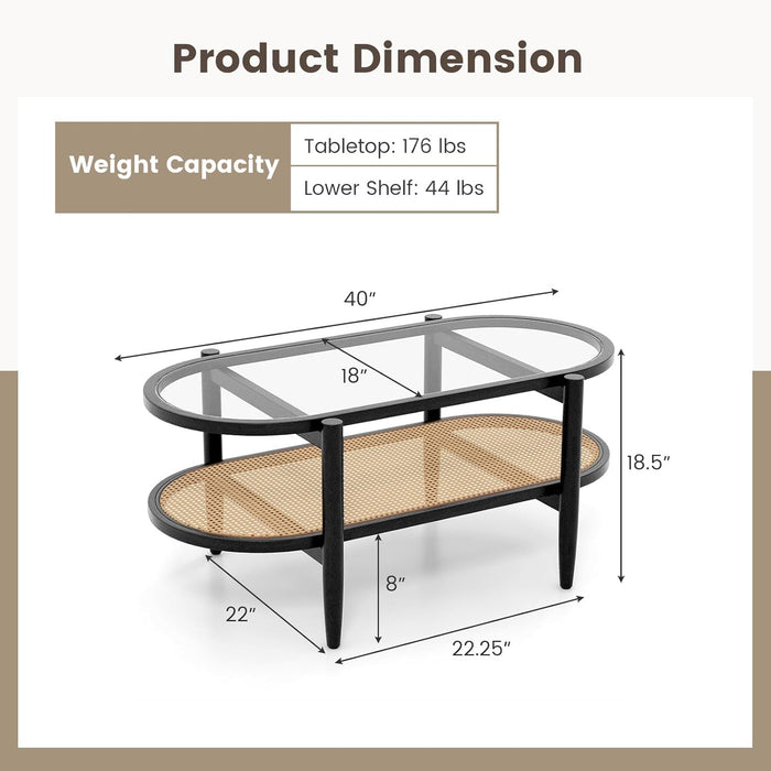 Rattan Coffee Table, 40”L Boho Oval Acacia Wood Cocktail Table with Tempered Glass Tabletop & PE Rattan Storage Shelf, 2-Tier Tea Center Table for Living Room Office Reception (Boho, Black)