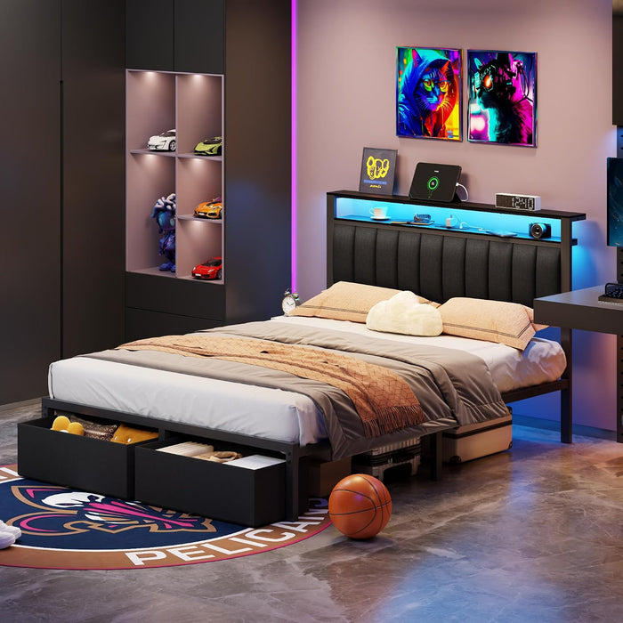 Queen Bed Frame with Storage Drawers and Upholstered Headboard
