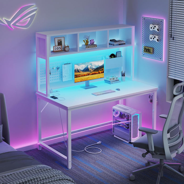 White Gaming Desk with Hutch and Pegboard - Computer Desk with Hutch, Power Outlet, 47 Inch Art Desk with Storage, Hooks, RGB and Side Bag, Writing Modern Study Teen Desks for Girl Bedroom Home Office