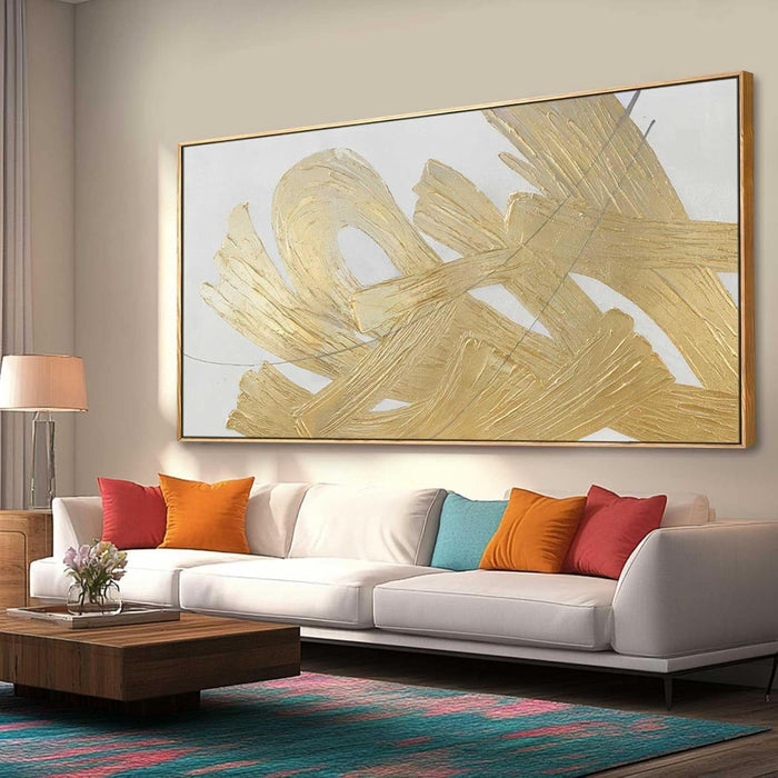 White and Gold Wall Painting Neutral Wall Decor Modern Abstract Wall Art Minimalist Art 29"X58" Artwork for Living Room Kitchen Dining Room