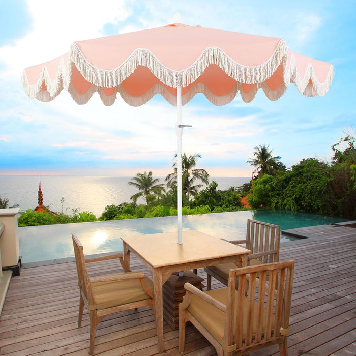 UMB1001 Collins 9 Ft. Classic Cottage Tassel Market Patio Umbrella with Auto-Tilt, Crank, Wind Vent and UV Protection
