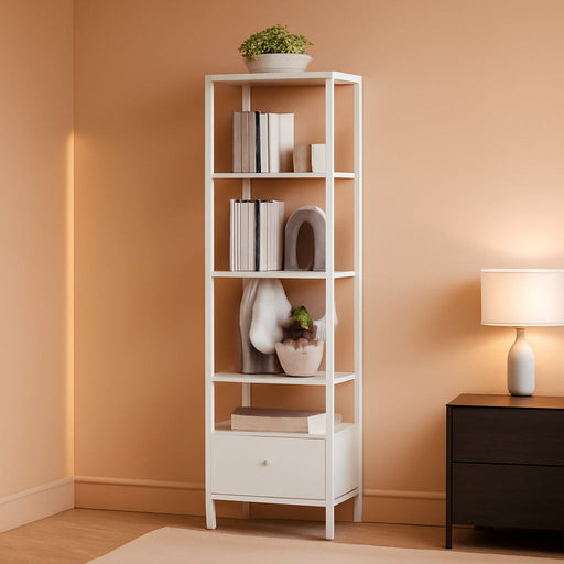 6 Tier  and Bookshelf, Narrow Book Shelf with Door for Small Space, for Living Room, Office, Study, Entryway, White BS03BW006