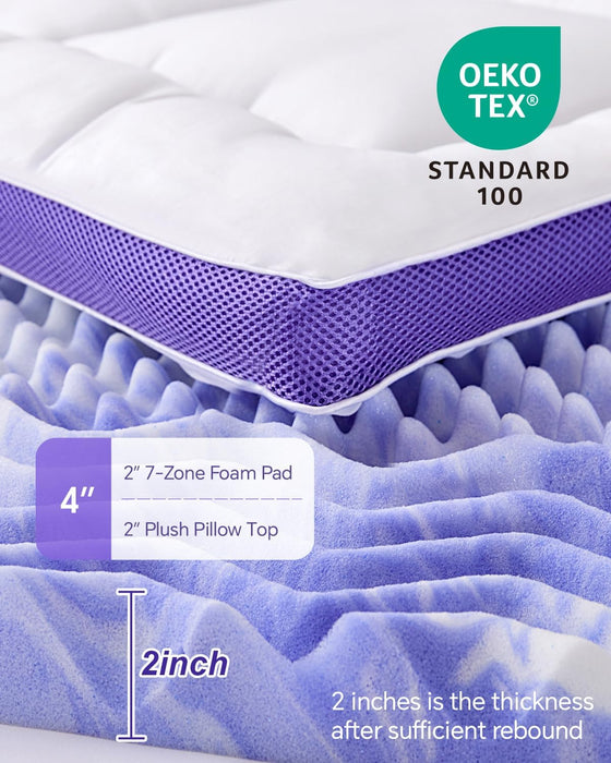 Dual Layer 4 Inch Memory Foam Mattress Topper Queen - 2 Inch Gel Memory Foam and 2 Inch Pillow Top Mattress Pad, 7-Zone Egg Crate Mattress Topper for Back Pain