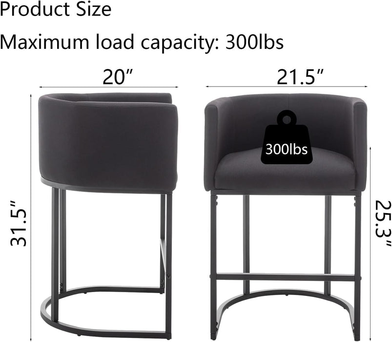 Counter Height Bar Stools Set of 3, Modern Bar Stool with Back, Barrel Bar Chairs with Metal Frames, Upholstered Barstools for Kitchen Island, Pub, Club (Black)