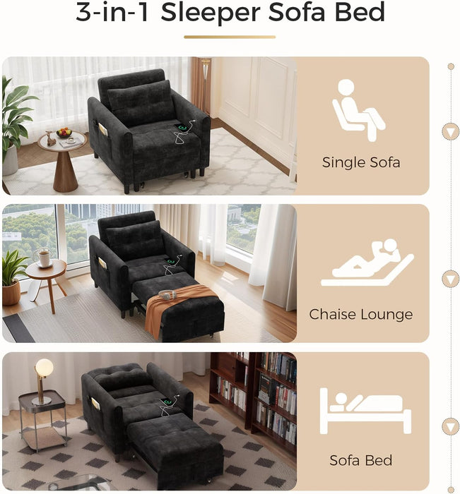 Black Upholstered Sleeper Chair Pull Out Bed For Small Rooms