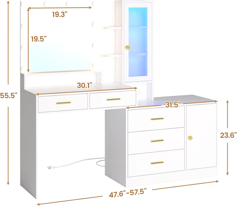 White Makeup Vanity with Lights Vanity Desk with Mirror Large Vanity Table Set with Drawer Dresser Charging Station & Cabinets