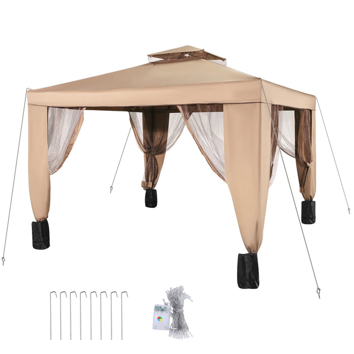 brand 10X10Ft Outdoor Canopy Gazebo with Four Sandbags - Gazebo with Netting, Waterproof and UV Protection - Patio Gazebo Brown for Backyard, Outdoor, Patio and Lawn