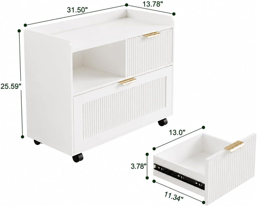 Lateral File Cabinet with Fluted Drawers, White Wooden Office Cabinet with Storage, Rolling Printer Stand with Drawers, Mobile File Cabinet for Home Office, Fits A4/Letter/Legal Files