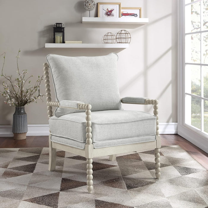 Kaylee Spindle Accent Chair with Antique White Wood Frame, Smoke Grey Fabric