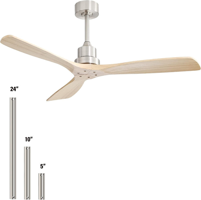 52 Inch Ceiling Fans No Light-Outdoor Ceiling Fan with Remote Control, Modern Wood Ceiling Fan without Light for Bedroom Indoor Patios Farmhouse,Reversible DC Motor,Brushed Nickel&Natural Wood