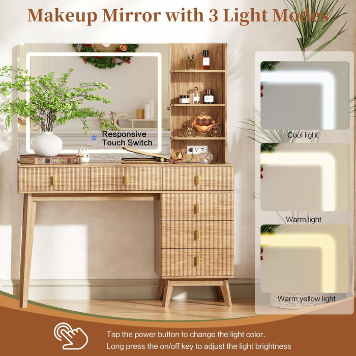 Large Makeup Vanity Desk with Mirror and Lights, Vanity Desk with 6 Drawers & Storage Shelves, Vanity Table with Power Outlet, 3 Color Modes & Adjustable Brightness Dressing Table, Bedroom,Wood