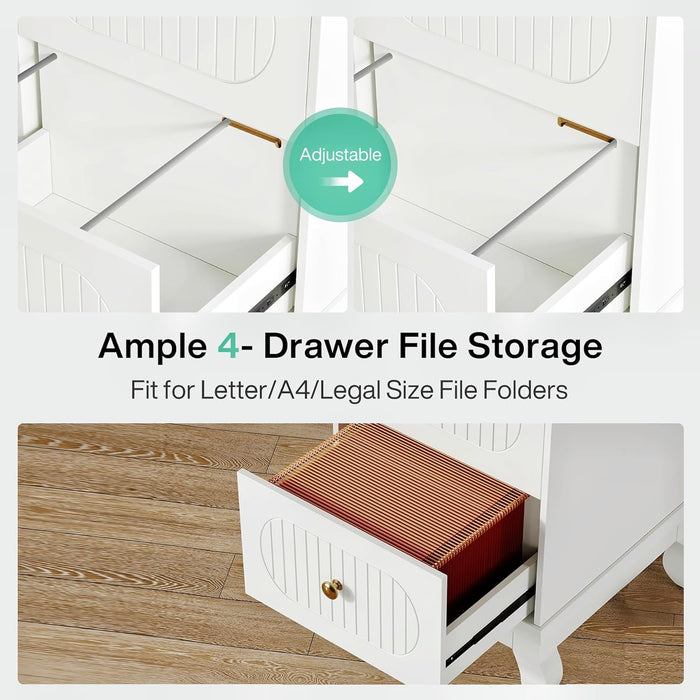 White Wooden File Cabinet, 4 Drawers, Adjustable