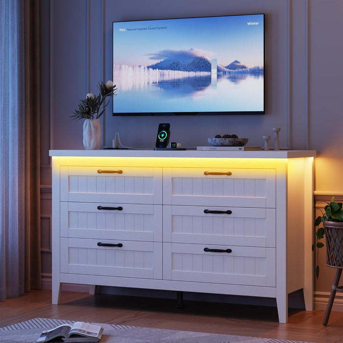 Farmhouse 6 Drawer Dresser with Charging Station & LED Lights, Slim Wooden Bedroom Dresser, Rustic Chest of Drawers Clothes Storage Organizer for Closet Dorm Apartments, White