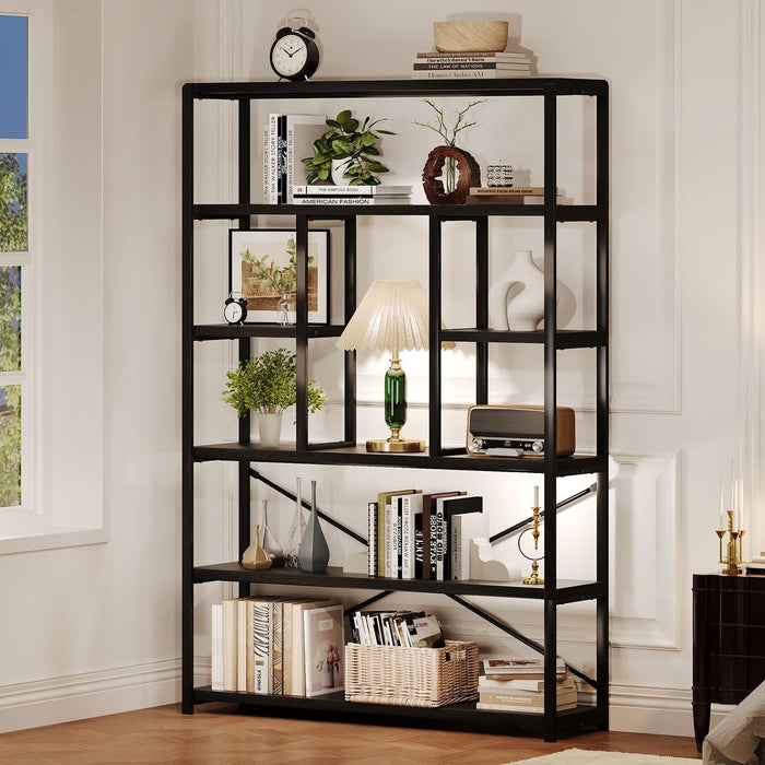 6 Tier Industrial Bookshelf for Bedroom Living Room Office, Black Oak