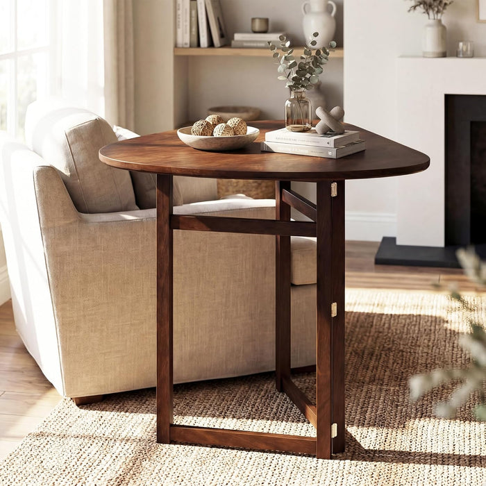 31.5" Folding Dining Table for 2-3, Drop Leaf Kitchen Table with Triangular Top & Solid Rubber Wood Frame, Space-Saving Dinner Table for Dinette, Small Space, Restaurant, Walnut
