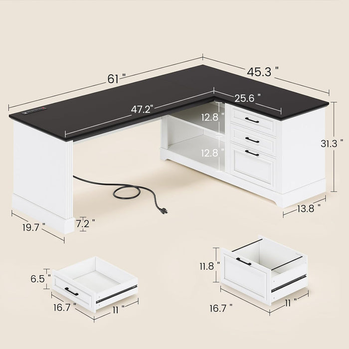 Farmhouse 61" Executive L Shaped Desk, Home Office Desk with File Drawers, Computer Desk with Power Outlets and Storage Shelves for Home Office, White