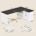 Farmhouse 61" Executive L Shaped Desk, Home Office Desk with File Drawers, Computer Desk with Power Outlets and Storage Shelves for Home Office, White