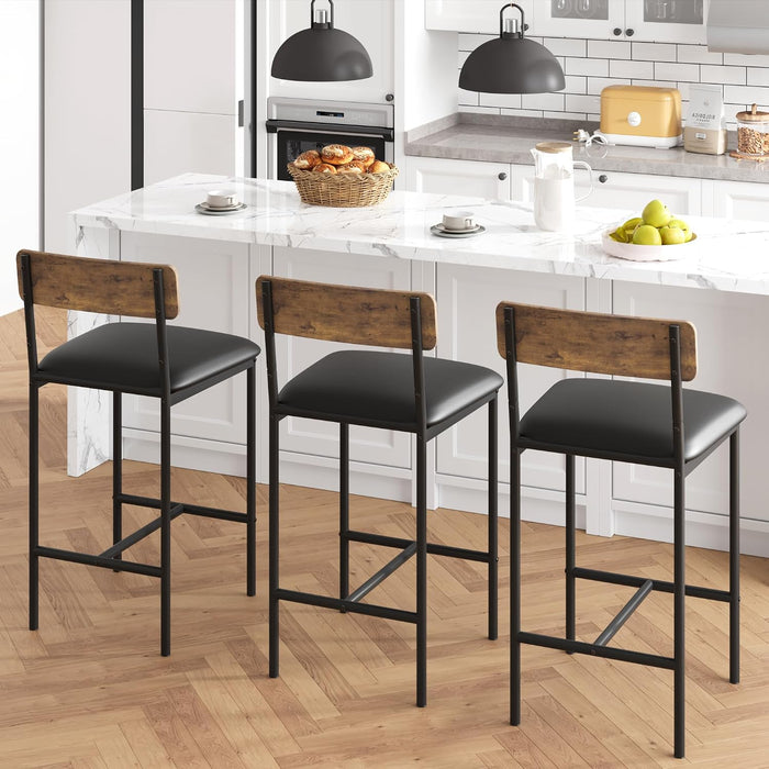 Bar Stools Set of 2, Kitchen Bar Stools with Footrest, 25.5 Inches Upholstered Bar Chairs with Back, 2 Counter Height Barstools for Counter Bar, Island, Easy Assembly, Rustic Brown