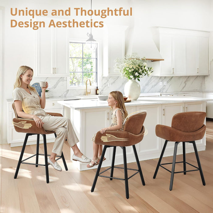 26" Swivel Bar Stools Set of 3, Counter Height Bar Stools with Backrest and Arms, Modern Upholstered Barstools with Metal Legs for Kitchen Island, Brown
