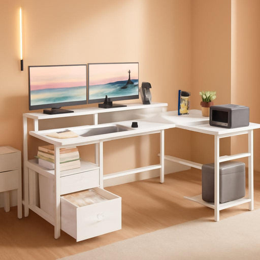 White FiftyNineInch L Shaped Desk With PowerOutlets