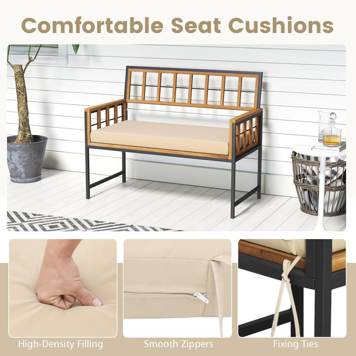 4 Piece Patio Dining Set, Outdoor Wood Dining Furniture W/ 2 Chairs & 1 Loveseat, 47” Acacia Wood Table W/Umbrella Hole, Cozy Seat Cushions, outside Furniture Set for Backyard, Poolside