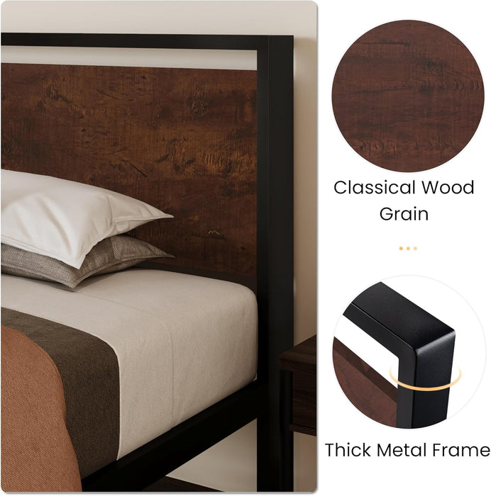 14 Inch Twin Size Metal Platform Bed Frame with Wooden Headboard and Footboard, Mattress Foundation, No Box Spring Needed, Large under Bed Storage, Heavy Duty Slats Support, Mahogany